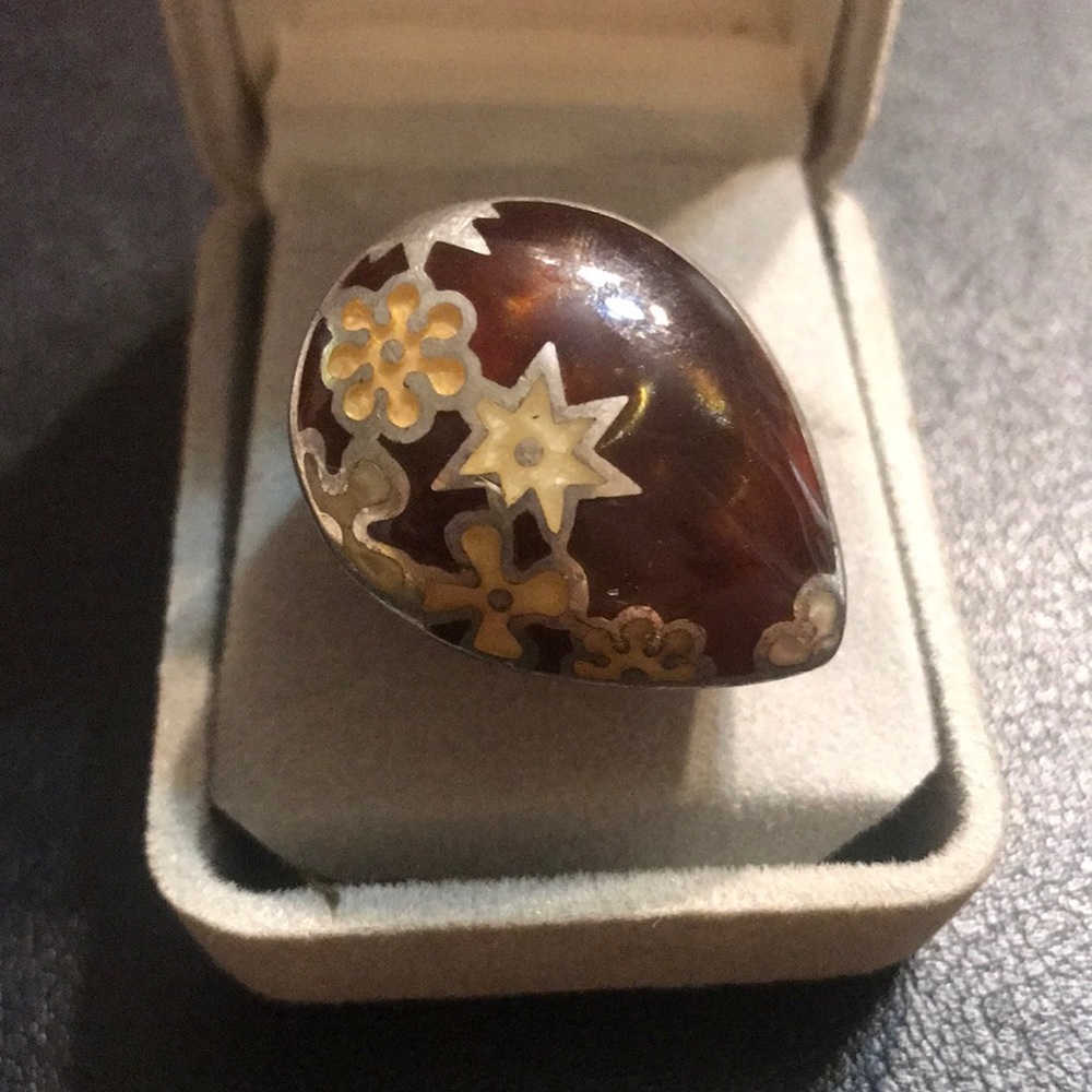 Alan K designer signed Brown and sterling silver flower ring